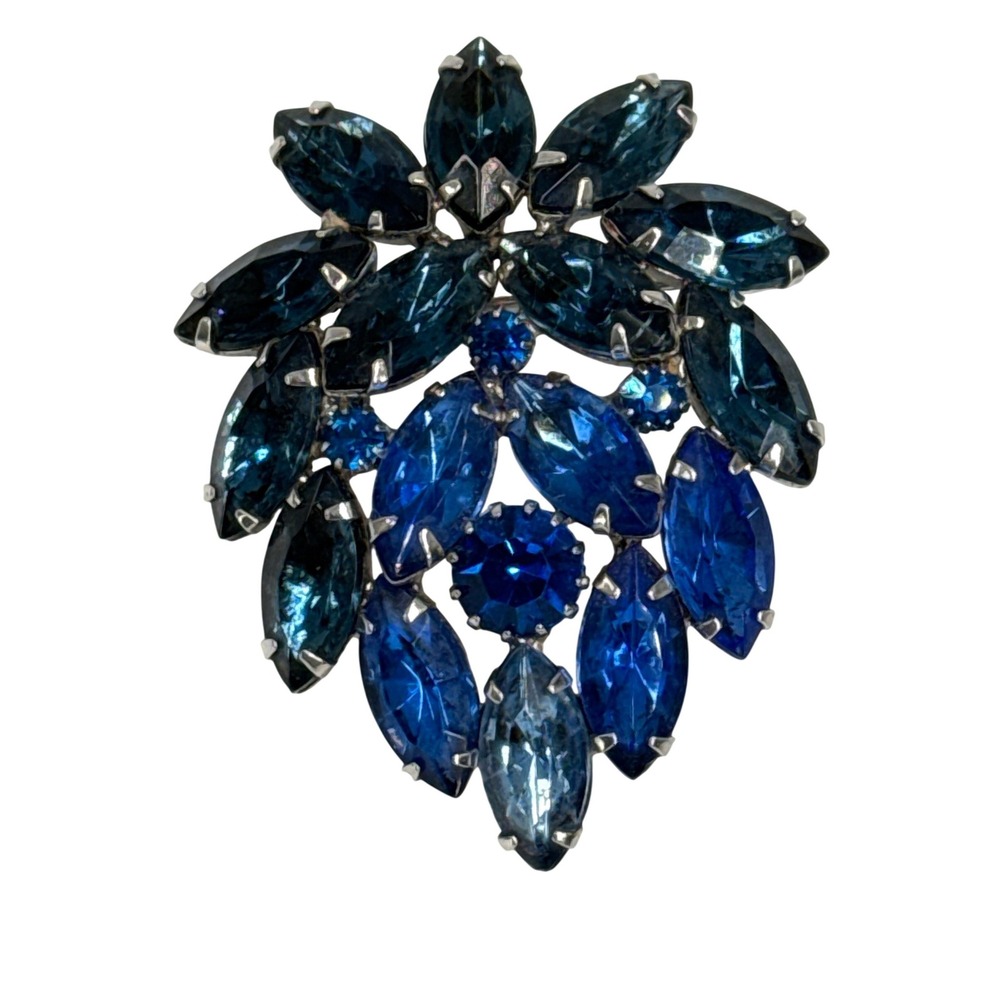 Juliana Blue Rhinestone Brooch Silver Tone Marquise Cobalt Cluster Pin Dripping